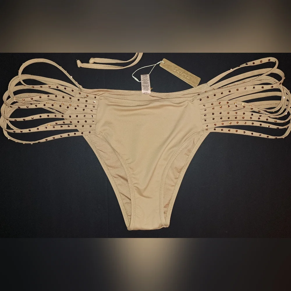⛱️NWT SKIMS 2 Piece High neck top Rhinestone Swim Strappy Bikini Nude OCHRE 4X